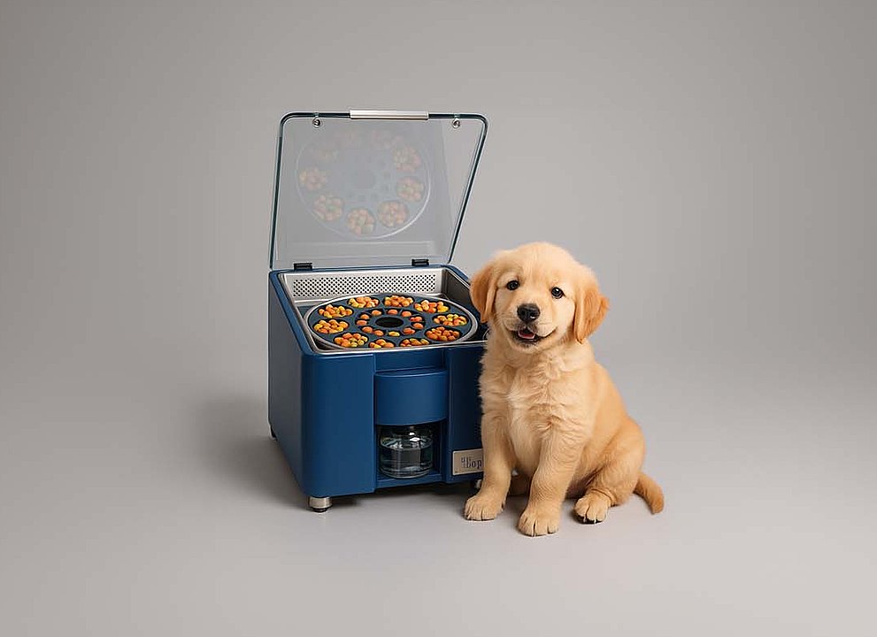 Small orange colored Dog sitting next to a Vsorp 