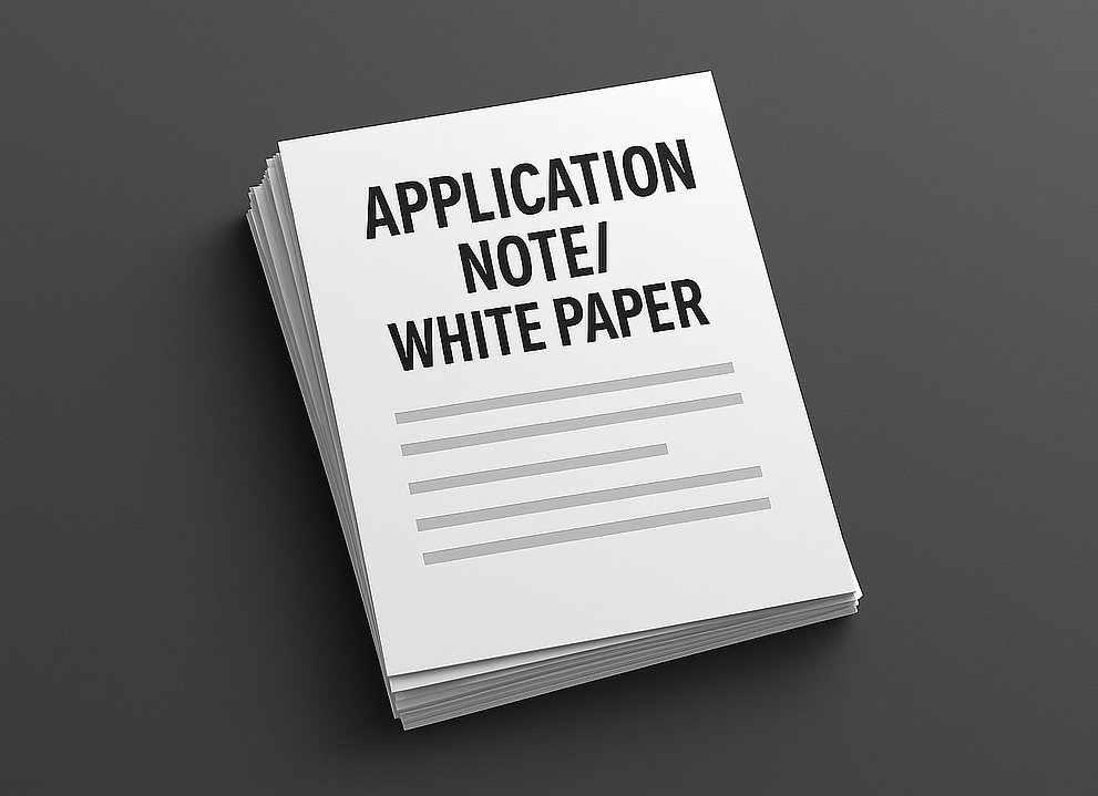 A stack of documents on a gray background. The top document reads "Application Note / White Paper".